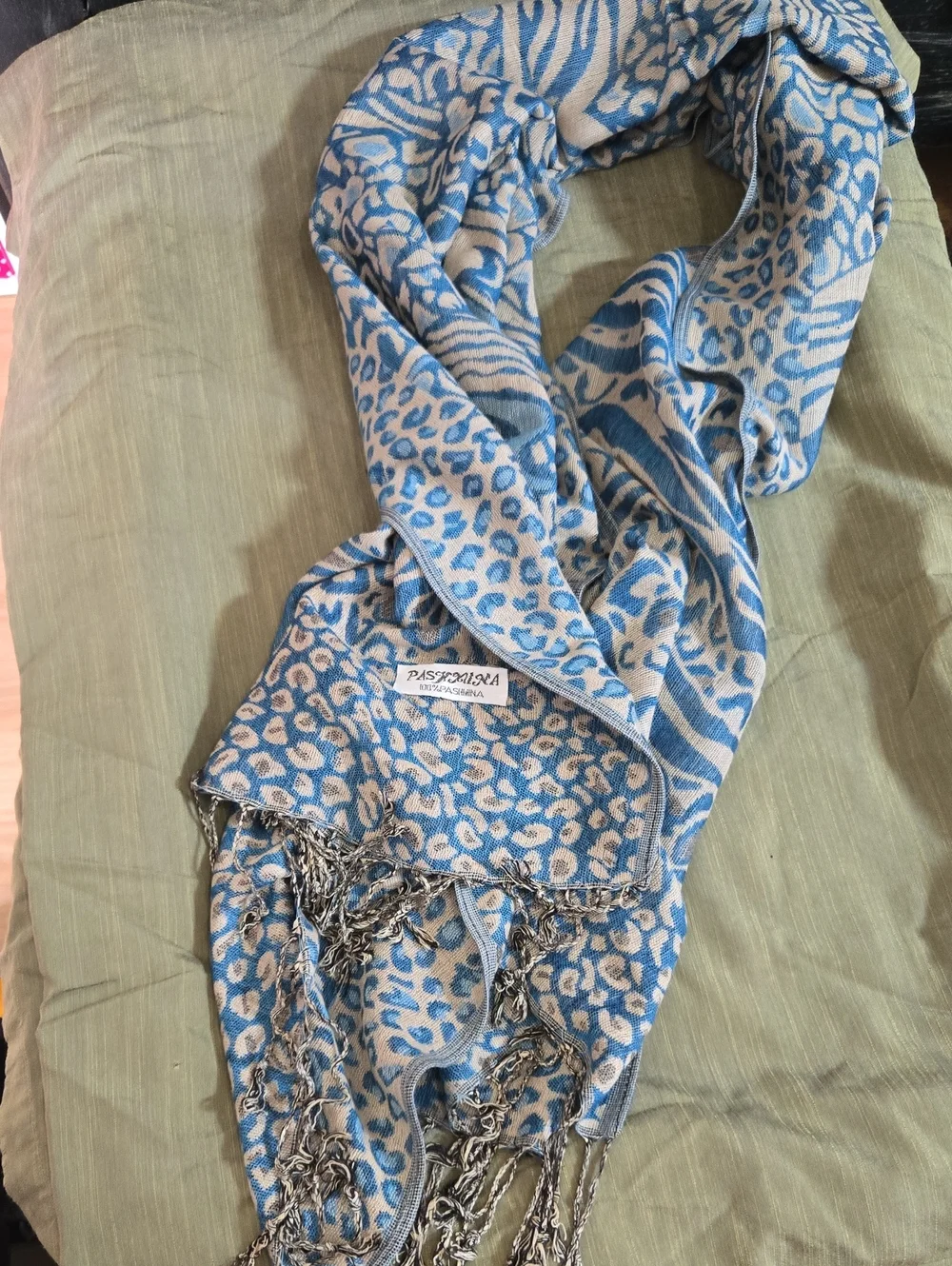 pashmina Blue and Cream Animal Print Scarf Wrap